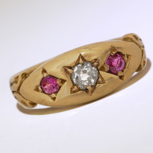 30 - RUBY AND DIAMOND 3-STONE GOLD GYPSY RING,
Vibrant rubies.
Bright and lively diamond.
Size J.