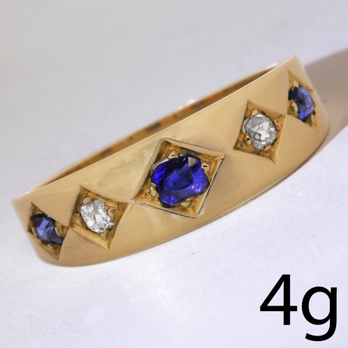 38 - SAPPHIRE AND DIAMOND 5-STONE GYPSY RING,
4 grams, testing high carat gold.
Vibrant sapphires.
Diamon... 