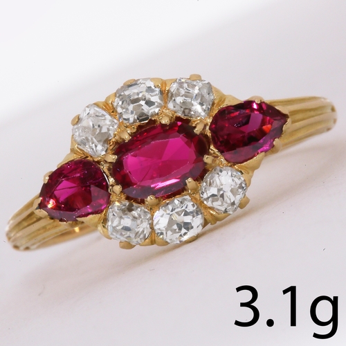 52 - RUBY AND DIAMOND CLUSTER RING 
3.1 grams high carat gold 
rich vibrant rubies 
bright lively old cut... 