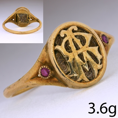 54 - UNUSUAL VICTORIAN RUBY MEMORI RING,
3.6 grams, testing high carat gold.
Open work initials with hair... 