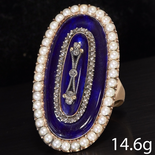 56 - VICTORIAN PEARL, ENAMEL AND DIAMOND RING,
14.6 grams, High carat gold
Pearls generally well matched.... 