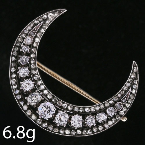 115 - VICTORIAN DIAMOND CRESCENT BROOCH,
6.8 grams.
Diamonds bright and lively, approx. 58 diamonds.
W. 2.... 