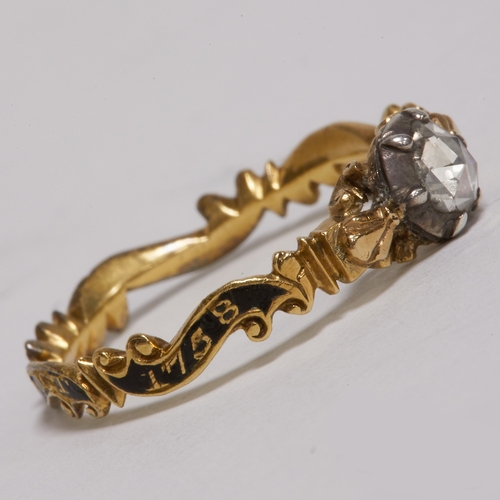 120 - GEORGIAN 1758 DIAMOND AND ENAMEL RING,
3.5 grams, high carat gold.
The shank with gold text: Sarah G... 