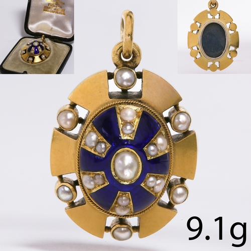 190 - VICTORIAN ENAME AND PEARL PENDANT,
9.1 grams, testing high carat gold.
Blue enamel in good condition... 