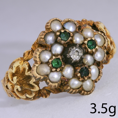 49 - VICTORIAN PEARL EMERALD AND DIAMOND CLUSTER GOLD RING,
3.5 grams.
The shoulders with shell motifs.
S... 