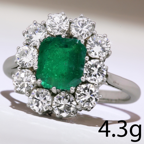 209 - EMERALD AND DIAMOND CLUSTER RING,
4.3 grams, testing high carat gold.
Vibrant emerald of approx. 1.6... 