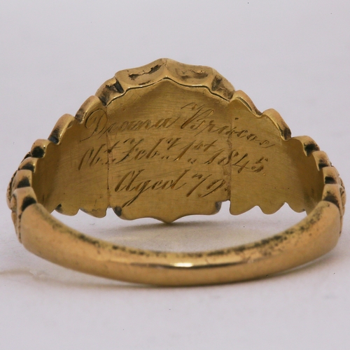 4 - VICTORIAN ENAMEL IN MEMORY RING,
4.8 grams, 18 ct. gold. Fully British hallmarked.
Shield shape with... 