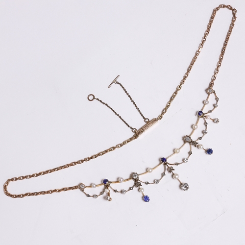 59 - SAPPHIRE PEARL AND DIAMOND NECKLACE,
15.7 grams, High carat gold.
Largest diamond of approx. 0.42 ct... 