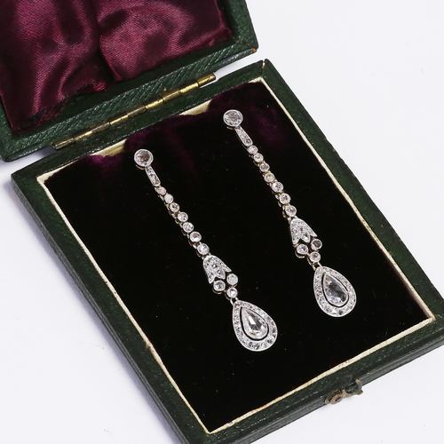 37 - FINE PAIR OF BELLE EPOQUE DIAMOND DROP EARRINGS,
5.5 grams, testing high carat gold.
Diamond bright ... 