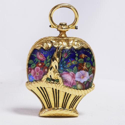 135 - EXTREMELY RARE SWISS ENAMEL GOLD POCKET WATCH IN THE SHAPE OF A FLOWER BASKET,
28 grams, 18 ct. gold... 