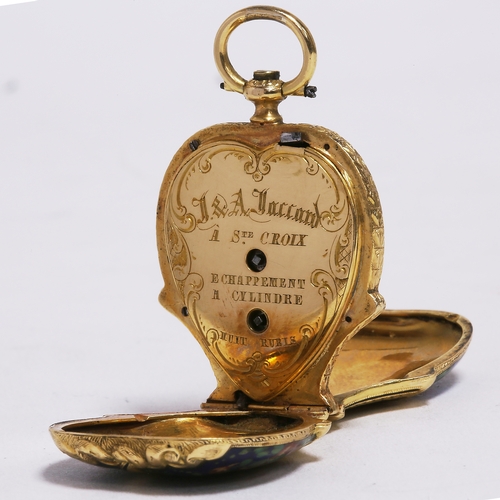 135 - EXTREMELY RARE SWISS ENAMEL GOLD POCKET WATCH IN THE SHAPE OF A FLOWER BASKET,
28 grams, 18 ct. gold... 