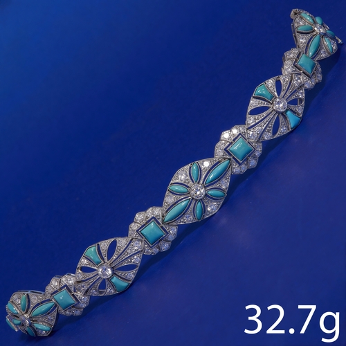 169 - FINE ART-DECO DIAMOND AND TURQUOISE BRACELET,
32.7 grams, Platinum.
Diamonds bright and lively, tota... 