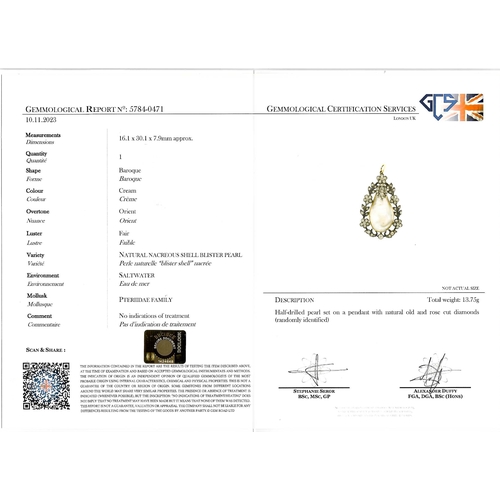 42 - FINE BELLE EPOQUE NATURAL SALTWATER PEARL AND DIAMOND DROP NECKLACE,
38.4 grams. 
The necklace of 3 ... 