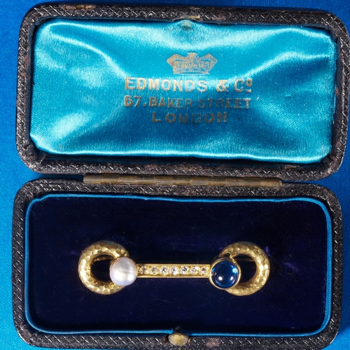 80 - PRESUMABLY RUSSIAN, ATTRACTIVE SAPPHIRE PEARL AND DIAMOND BROOCH, 
5.1 grams. testing 18 ct. gold.
V... 