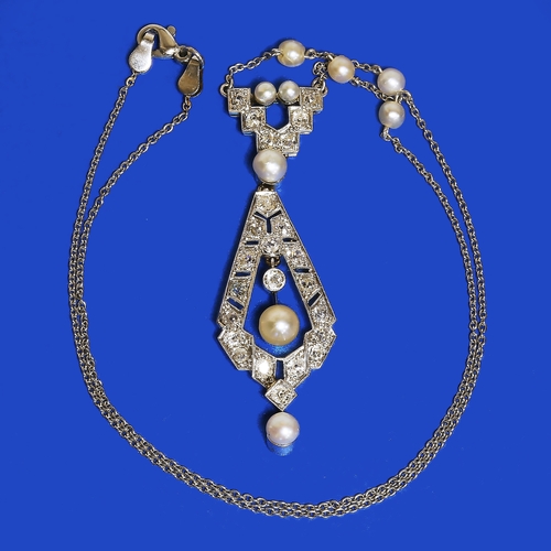 96 - ART-DECO CERTIFICATED NATURAL SALTWATER PEARL AND DIAMOND NECKLACE,
9.3 grams, testing platinum.
Fin... 