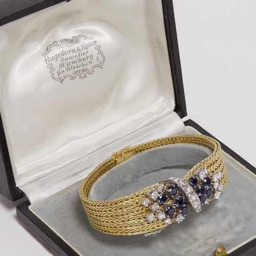 109 - SAPPHIRE AND DIAMOND BRACELET
78.5 gams, 18 ct. gold.
Vibrant blue sapphires totalling approx. 4.10 ... 