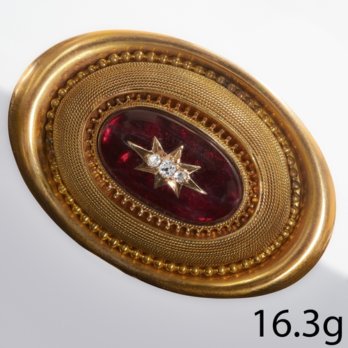 120 - VICTORIAN GARNET AND DIAMOND BROOCH,
16.3 grams, testing 15 ct. gold.
Vibrant cabochon cut garnet.
L... 