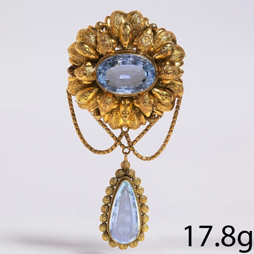 32 - RARE ANTIQUE AQUAMARINE DROP BROOCH,
17.8 grams, testing high carat gold.
Vibrant aquamarines totall... 