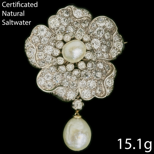 106 - ANTIQUE CERTIFICATED NATURAL SALTWATER PEARL AND DIAMOND FLORAL BROOCH,
15 grams.
Set with 2 large n... 