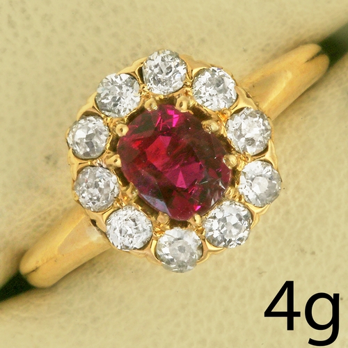 107 - ANTIQUE RUBY AND DIAMOND CLUSTER RING
4 grams, stamped 18 ct gold. 
Rich and vibrant central ruby. 
... 