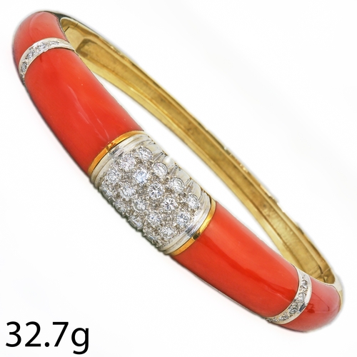 70 - CORAL AND DIAMOND BANGLE,
37.2 grams, 18 ct. gold.
Diamonds bright and lively.
Fine coral, well matc... 