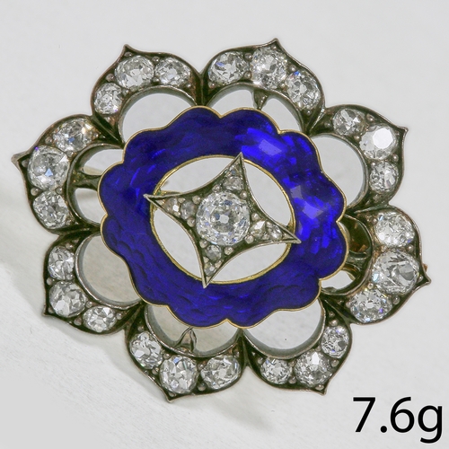 81 - VICTORIAN ENAMEL AND DIAMOND BROOCH,
7,6 grams.
Lovely old cut diamonds, totalling approx. 2.25 ct.
... 