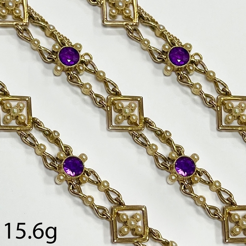 86 - ART-NOUVEAU AMETHYST AND PEARL BRACELET,
15,6 grams, 15 ct. gold.
Rich and vibrant amethyst.
Pearls ... 