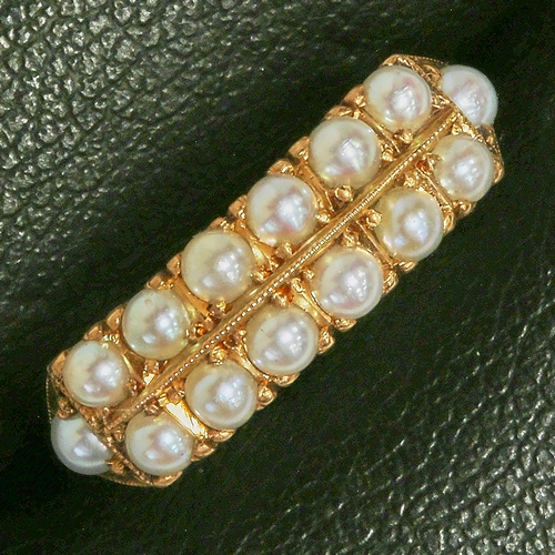 87 - ANTIQUE DOUBLE ROW PEARL RING 
high carat gold 
matching pearls, untested 
size M