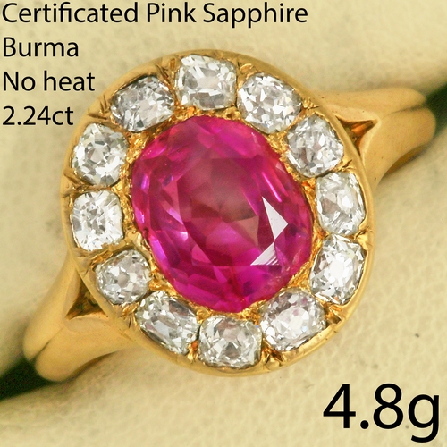 94 - CERTIFICATED BURMA MOGOK PINK SAPPHIRE AND DIAMOND CLUSTER RING,
4.8 grams, testing high carat gold.... 