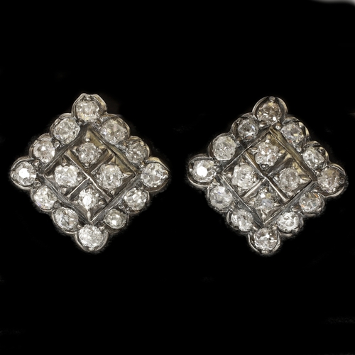 11 - PAIR OF ANTIQUE DIAMOND EARRINGS,
6 grams.
Diamonds bright and lively, totalling approx. 1.20 ct.
W.... 