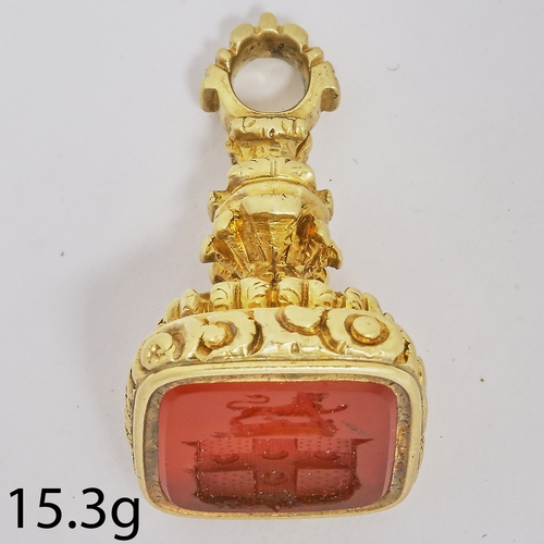 3 - ANTIQUE CARVED INTAGLIO FOB SEAL,
15,5 grams, testing high carat gold.
The carved intaglio hardstone... 