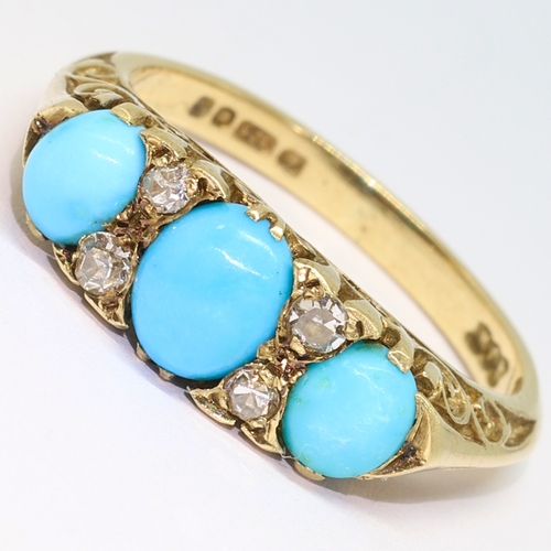 34 - ANTIQUE TURQUOISE AND DIAMOND GOLD RING,
3.1 grams.
Vibrant turquoise.
Diamonds bright and lively.
S... 