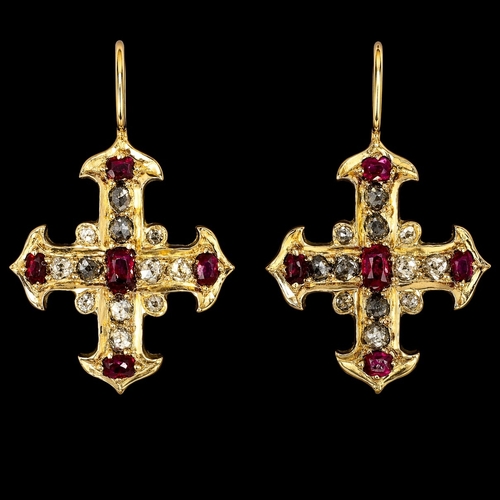 8 - PAIR OF ANTIQUE RUBY AND DIAMOND EARRINGS,
4 grams, testing high carat gold.
Bright and lively old c... 