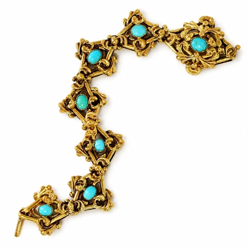 100 - VICTORIAN TURQUOISE BRACELET,
21 grams, testing high carat gold.
Vibrant turquoise.
The links with l... 