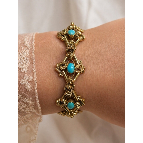 100 - VICTORIAN TURQUOISE BRACELET,
21 grams, testing high carat gold.
Vibrant turquoise.
The links with l... 