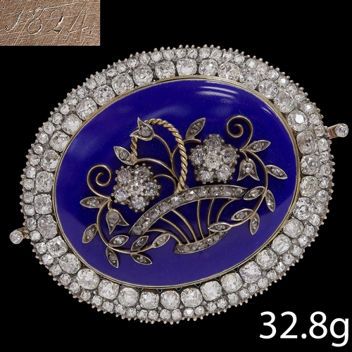 103 - RARE LARGE GEORGIAN DIAMOND AND ENAMEL BROOCH,
32.8 grams, high carat gold.
The blue enamel centre w... 