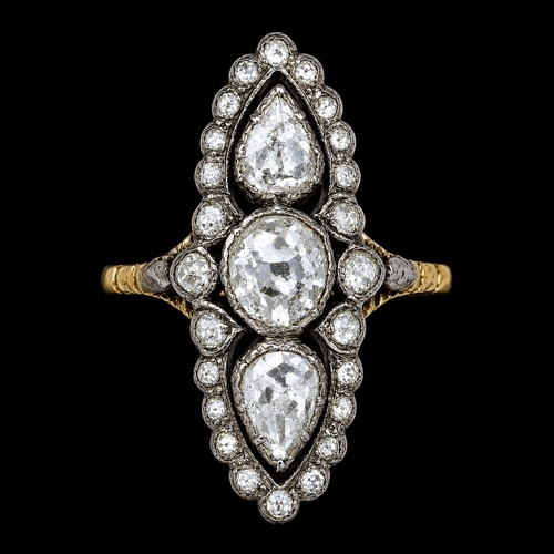 115 - ELEGANT ANTIQUE MARQUISE SHAPED ROSE CUT DIAMOND 
5.4 grams 
bright lively roe cut diamonds 
gold sh... 