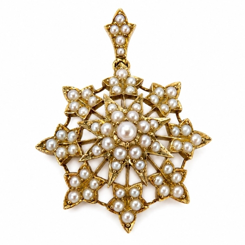 117 - VICTORIAN PEARL STAR BROOCH/PENDANT,
6 grams, testing high carat gold.
Pearls generally well matched... 