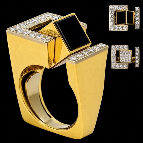 118 - UNUSUAL RETRO DIAMOND AND HARDSTONE KINETIC RING,
210.1 grams, testing high carat gold.
The kinetic ... 