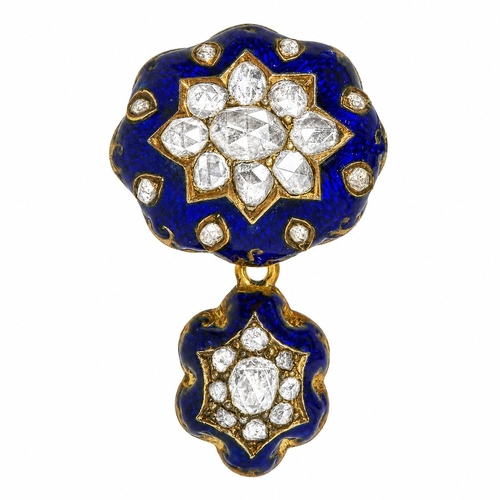 66 - FINE VICTORIAN ROSE CUT DIAMOND AND ENAMEL GOLD BROOCH 
7.8 grams 
enamel in great condition 
lively... 