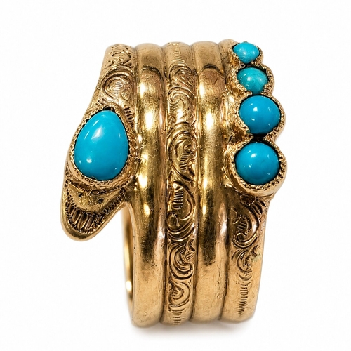 68 - ANTIQUE TURQUOISE SNAKE RING,
testing high carat gold.
Rich and vibrant turquoise. 
The snake of 4 c... 