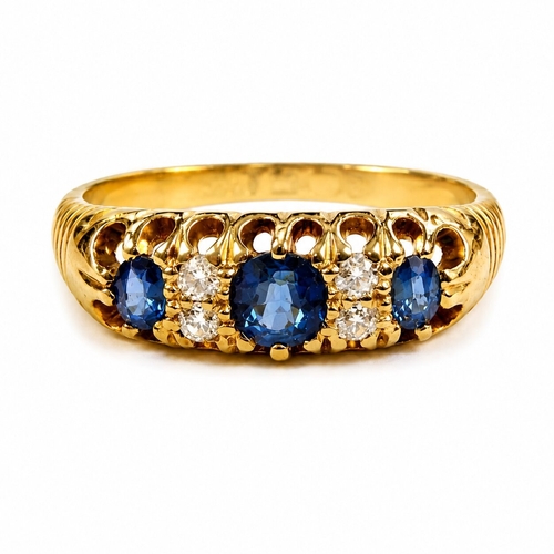 70 - SAPPHIRE AND DIAMOND RING,
5 grams, 18 ct. gold.
Rich and vibrant sapphires.
Diamonds bright and liv... 