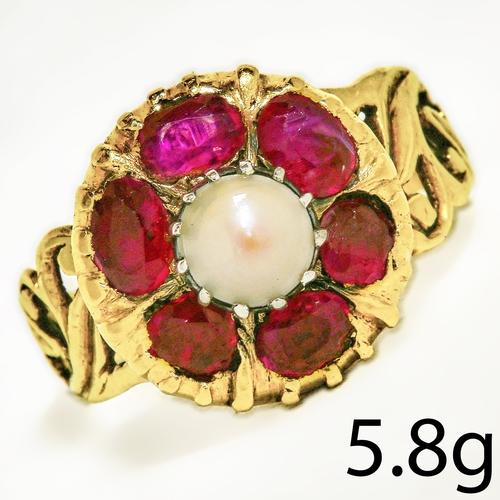 73 - GEORGIAN RUBY AND PEARL CLUSTER RING,
5.8 grams, testing high carat gold.
pearl believed to be natur... 