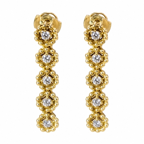 76 - PAIR OF DIAMOND DROP EARRINGS,
5.3 grams, testing high carat gold.
Diamonds bright and lively.
Lovel... 