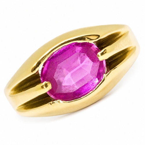 95 - PINK GEMSTONE SOLITAIRE RING,
3.6 grams, stamped 10K.
Rich and vibrant pink gemstone, possibly synth... 