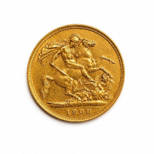 98 - 1900 GOLD HALF SOVEREIGN.
4.0 grams, 22ct gold. Veiled (Old Head) bust of Queen Victoria; reverse St... 