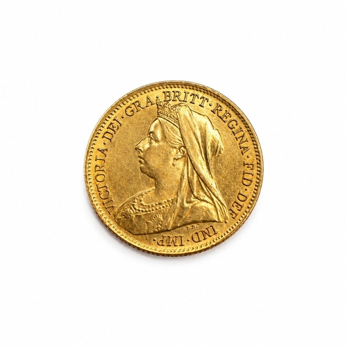 98 - 1900 GOLD HALF SOVEREIGN.
4.0 grams, 22ct gold. Veiled (Old Head) bust of Queen Victoria; reverse St... 