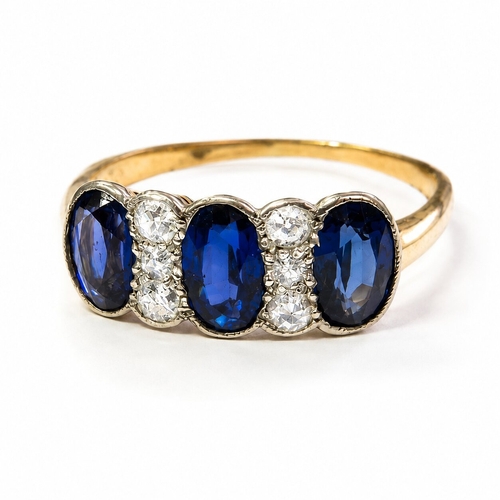 99 - SAPPHIRE AND DIAMOND 3-STONE RING,
Rich and vibrant sapphires, totalling approx. 1.20 ct.
Diamonds b... 