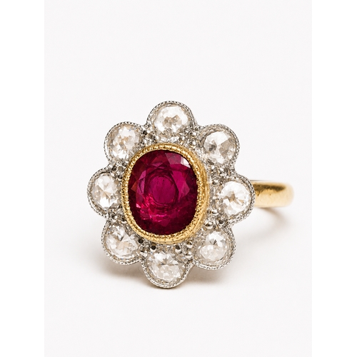 RUBY AND DIAMOND CLUSTER RING, 5,7 grams, 18 ct. gold. Rich and vibrant ...