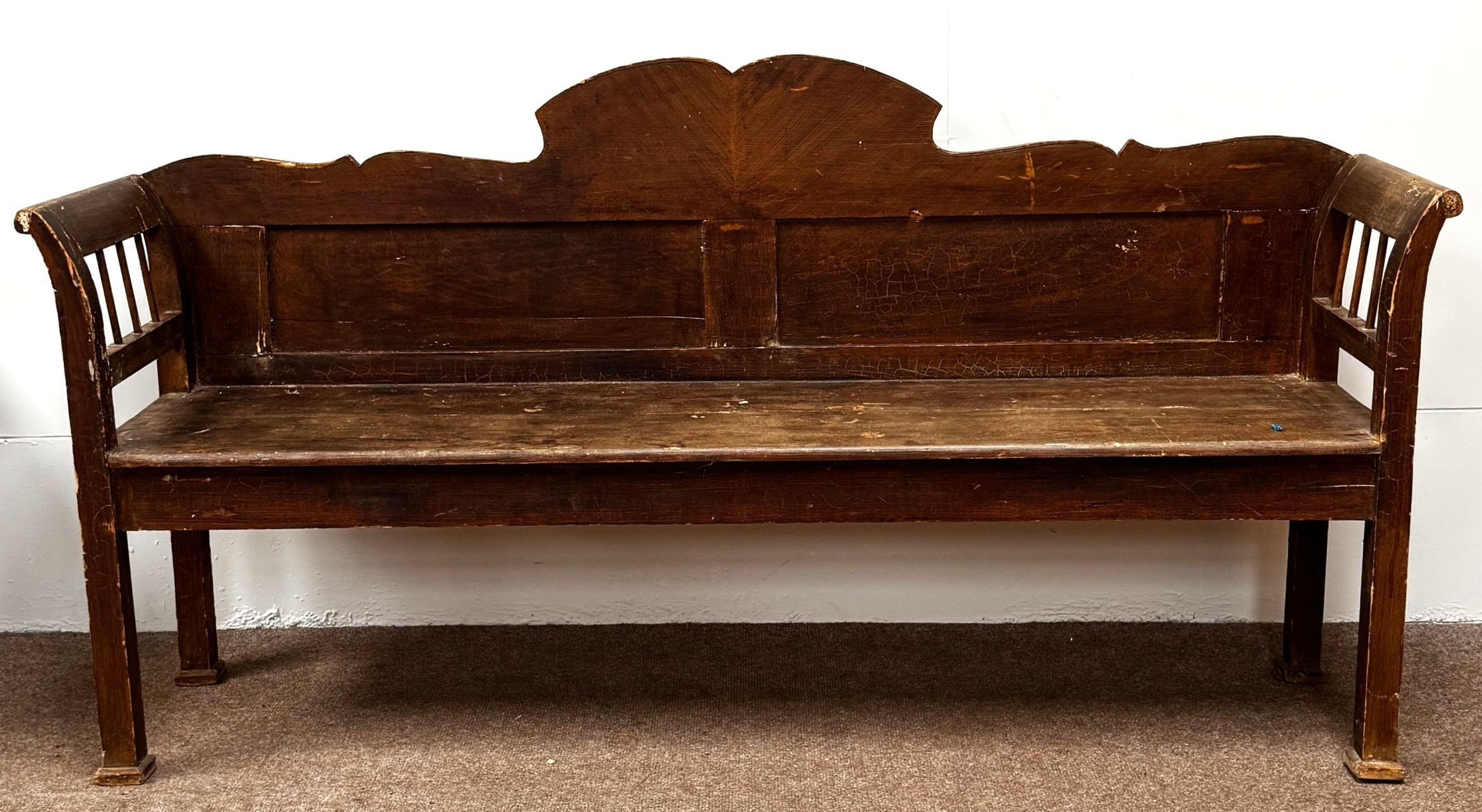 A Scandinavian style hall bench, 18th century style, with fretwork cut ...